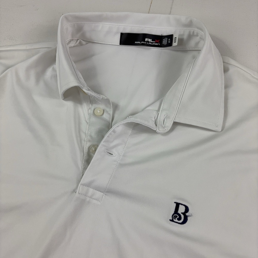 RLX Ralph Lauren Polo Shirt Mens XL White Solid Knit B Logo Short Sleeve Casual